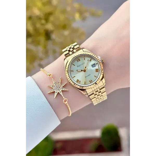 Gold Renk Takvimli 35 Mm Kadın Kol Saati ve Bileklik