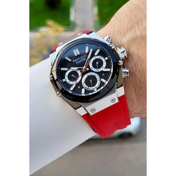 41 Mm Kasası Gümüş Kordonu Kırmızı Renk İç Göstergeleri Aktif Erkek Kol Saati