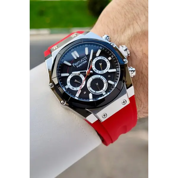 41 Mm Kasası Gümüş Kordonu Kırmızı Renk İç Göstergeleri Aktif Erkek Kol Saati