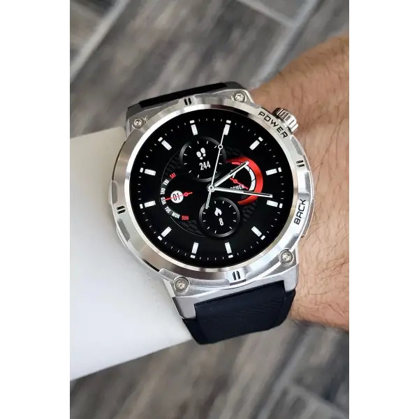 Kasası Gümüş Kordonu Siyah Renk Android/ios Uyumlu Hediye Paketli Akıllı Saat