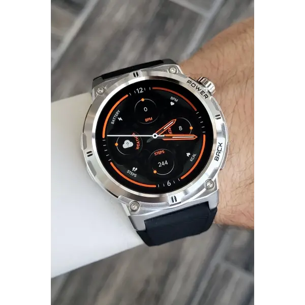 Kasası Gümüş Kordonu Siyah Renk Android/ios Uyumlu Hediye Paketli Akıllı Saat