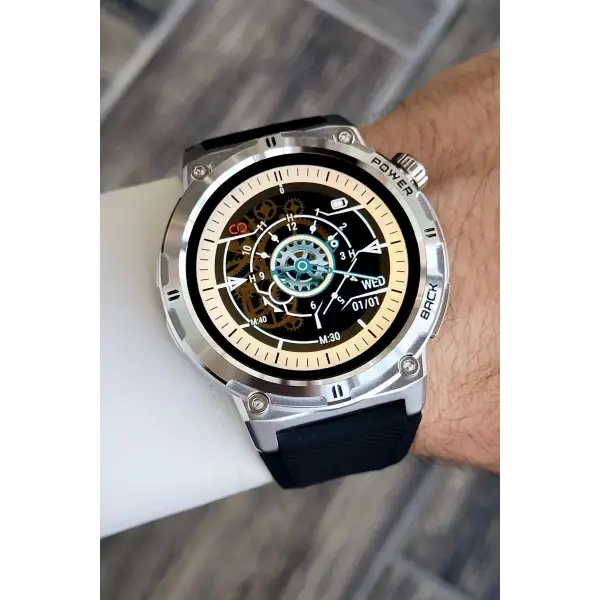 Kasası Gümüş Kordonu Siyah Renk Android/ios Uyumlu Hediye Paketli Akıllı Saat