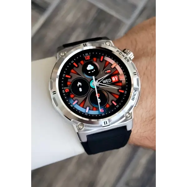 Kasası Gümüş Kordonu Siyah Renk Android/ios Uyumlu Hediye Paketli Akıllı Saat