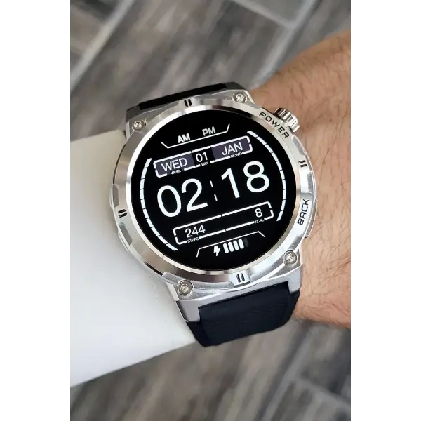 Kasası Gümüş Kordonu Siyah Renk Android/ios Uyumlu Hediye Paketli Akıllı Saat