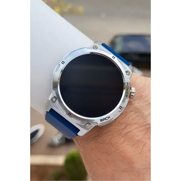 Kasası Gümüş Kordonu Lacivert Renk Android ve ios Uyumlu Hediye Paketli Akıllı Kol Saat