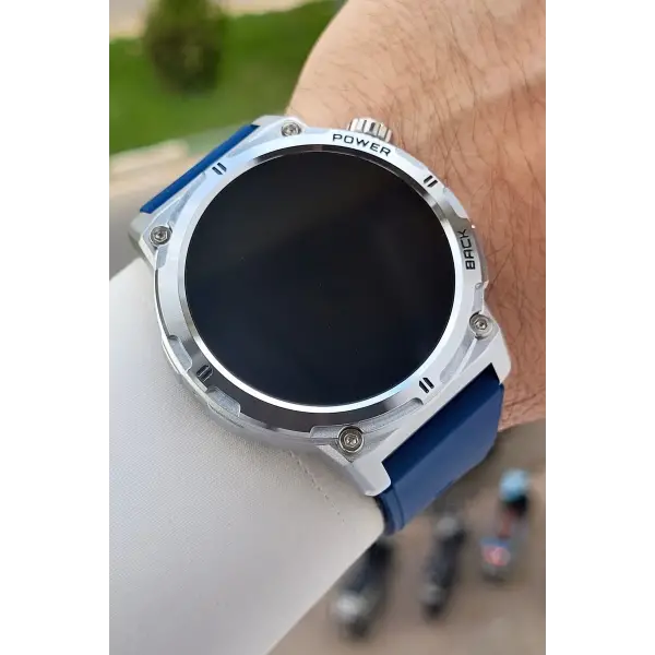 Kasası Gümüş Kordonu Lacivert Renk Android ve ios Uyumlu Hediye Paketli Akıllı Kol Saat