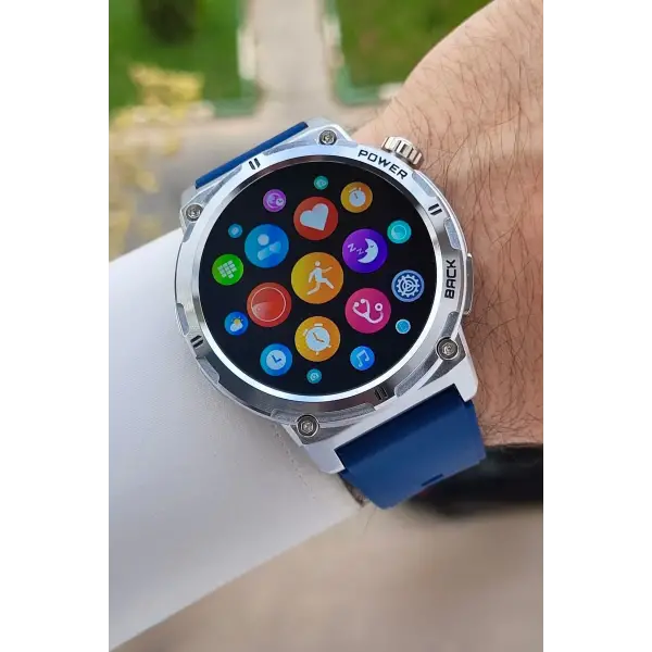 Kasası Gümüş Kordonu Lacivert Renk Android ve ios Uyumlu Hediye Paketli Akıllı Kol Saat