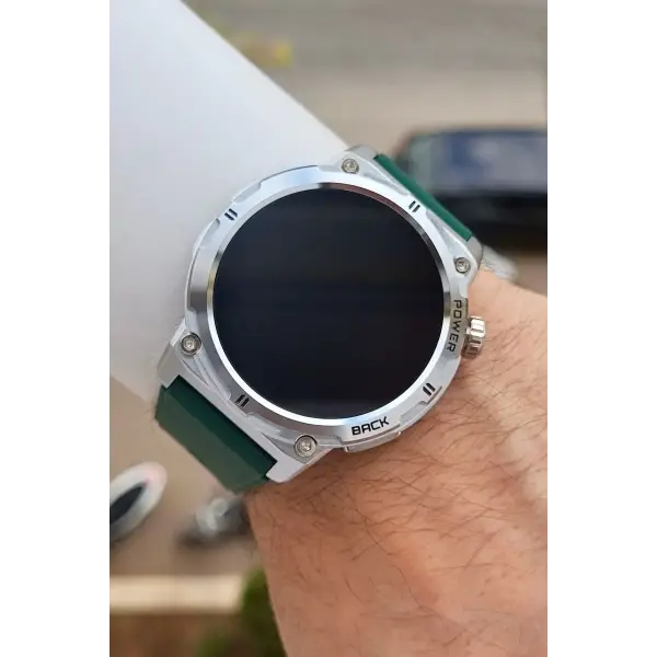 Kasası Gümüş Kordonu Yeşil Renk Android ve ios Uyumlu Hediye Paketli Akıllı Kol Saat