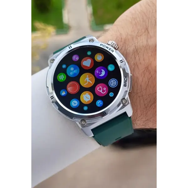 Kasası Gümüş Kordonu Yeşil Renk Android ve ios Uyumlu Hediye Paketli Akıllı Kol Saat