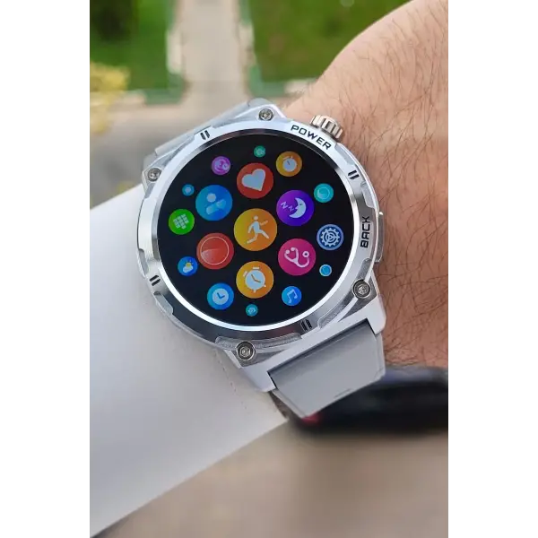 Kasası Gümüş Kordonu Gri Renk Android ve ios Uyumlu Hediye Paketli Akıllı Kol Saat