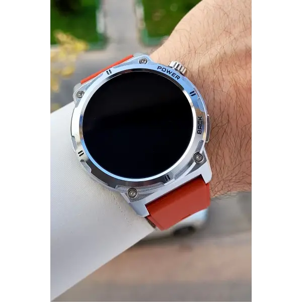 Kasası Gümüş Kordonu Kırmızı Renk Android ve ios Uyumlu Hediye Paketli Akıllı Kol Saat