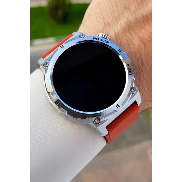 Kasası Gümüş Kordonu Kırmızı Renk Android ve ios Uyumlu Hediye Paketli Akıllı Kol Saat