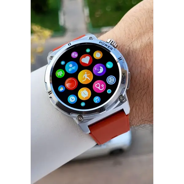 Kasası Gümüş Kordonu Kırmızı Renk Android ve ios Uyumlu Hediye Paketli Akıllı Kol Saat