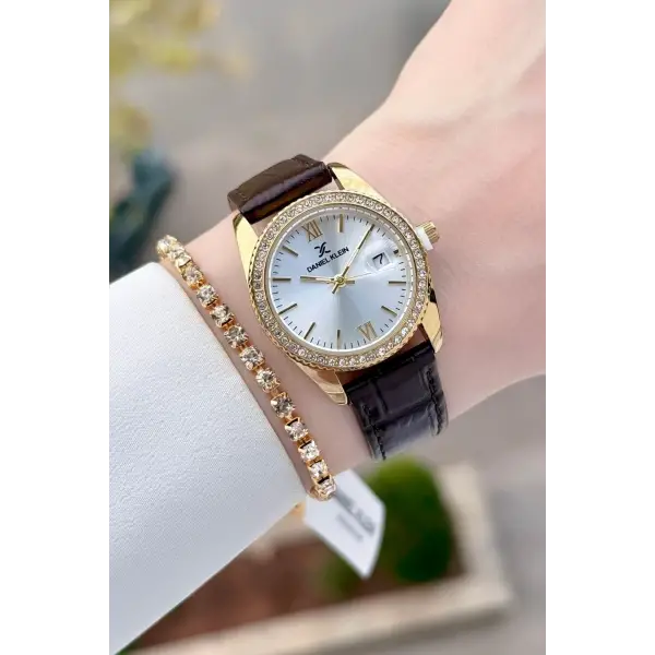 Kasası Gold Kordonu Kahverengi Renk 30 Mm Kadın Kol Saati ve Bileklik