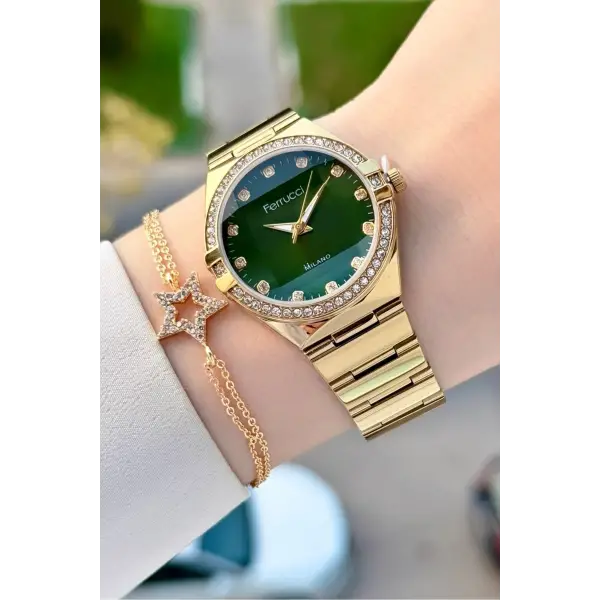 Kadranı Yeşil Kordonu Gold Renk 32 Mm Kadın Kol Saati ve Bileklik