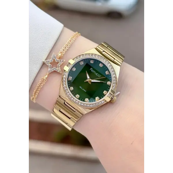 Kadranı Yeşil Kordonu Gold Renk 32 Mm Kadın Kol Saati ve Bileklik