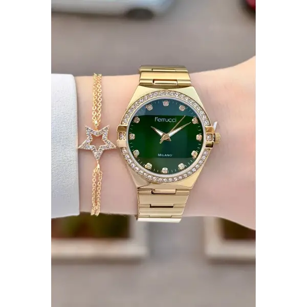 Kadranı Yeşil Kordonu Gold Renk 32 Mm Kadın Kol Saati ve Bileklik