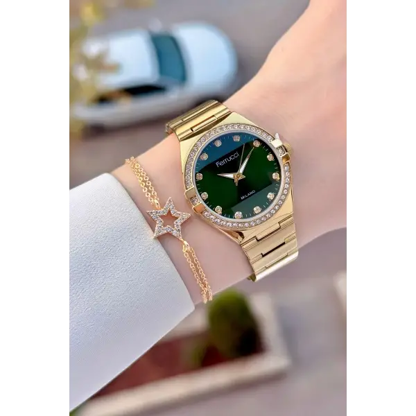 Kadranı Yeşil Kordonu Gold Renk 32 Mm Kadın Kol Saati ve Bileklik