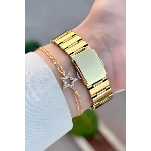 Kadranı Yeşil Kordonu Gold Renk 32 Mm Kadın Kol Saati ve Bileklik