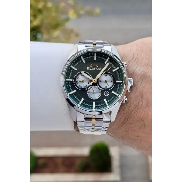 42 Mm Kadranı Yeşil Kordonu Gold Gümüş Renk İç Göstergeleri Aktif Erkek Kol Saati