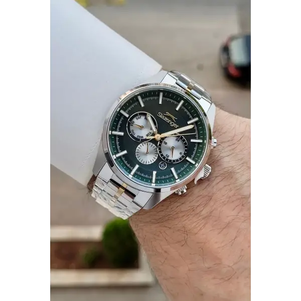 42 Mm Kadranı Yeşil Kordonu Gold Gümüş Renk İç Göstergeleri Aktif Erkek Kol Saati