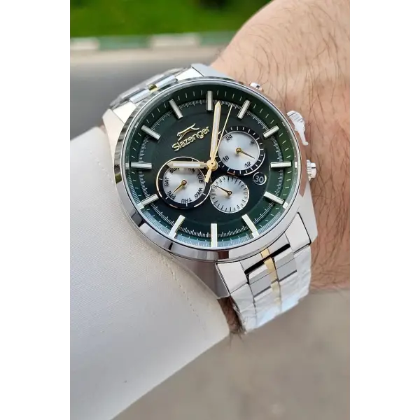 42 Mm Kadranı Yeşil Kordonu Gold Gümüş Renk İç Göstergeleri Aktif Erkek Kol Saati