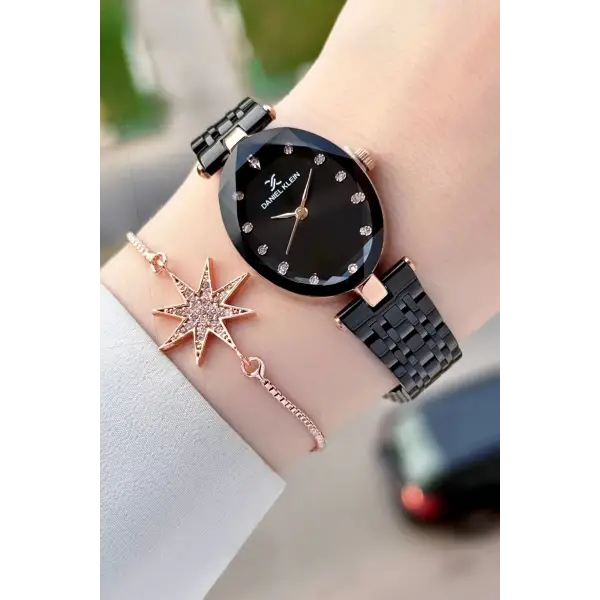 Kasası Rose Kordonu Siyah Renk Kadın Kol Saati ve Bileklik