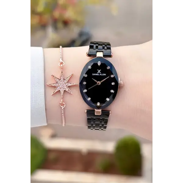 Kasası Rose Kordonu Siyah Renk Kadın Kol Saati ve Bileklik