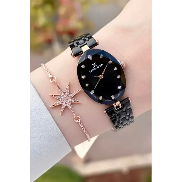 Kasası Rose Kordonu Siyah Renk Kadın Kol Saati ve Bileklik