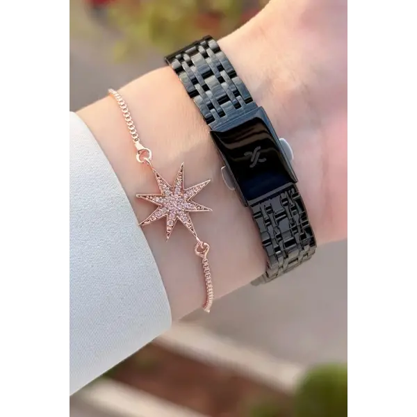 Kasası Rose Kordonu Siyah Renk Kadın Kol Saati ve Bileklik