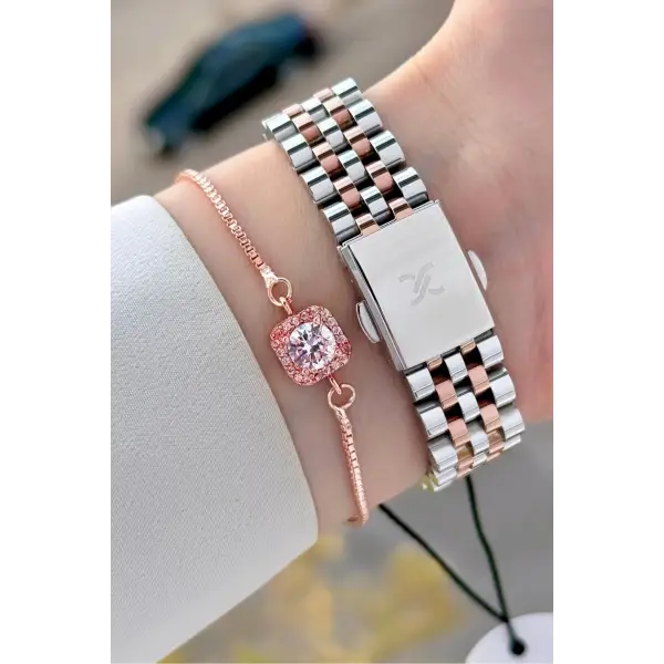 Kadranı Mor Kordonu Rose Gümüş Renk Hediye Paketli Kadın Kol Saati + Bileklik