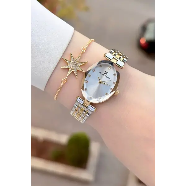 Gold Gümüş Renk Kadın Kol Saati ve Bileklik