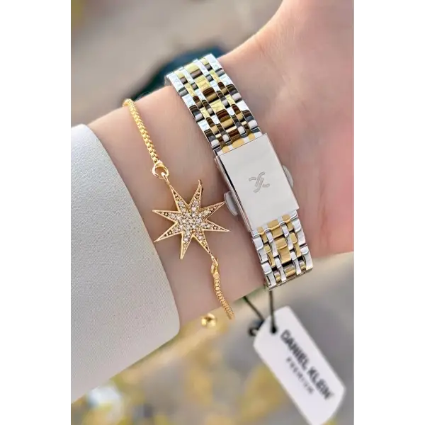 Gold Gümüş Renk Kadın Kol Saati ve Bileklik