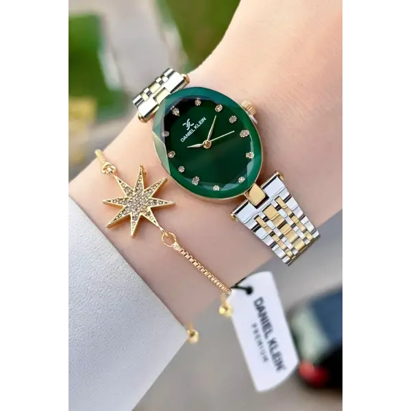 Kadranı Yeşil Kordonu Gold Gümüş Renk Kadın Kol Saati ve Bileklik