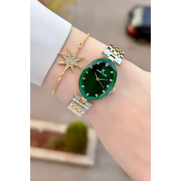Kadranı Yeşil Kordonu Gold Gümüş Renk Kadın Kol Saati ve Bileklik