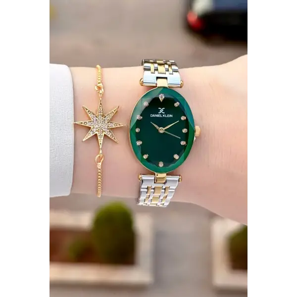 Kadranı Yeşil Kordonu Gold Gümüş Renk Kadın Kol Saati ve Bileklik