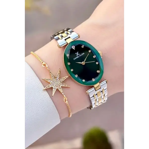 Kadranı Yeşil Kordonu Gold Gümüş Renk Kadın Kol Saati ve Bileklik