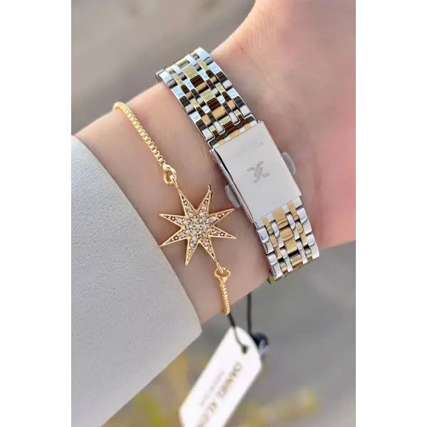 Kadranı Yeşil Kordonu Gold Gümüş Renk Kadın Kol Saati ve Bileklik