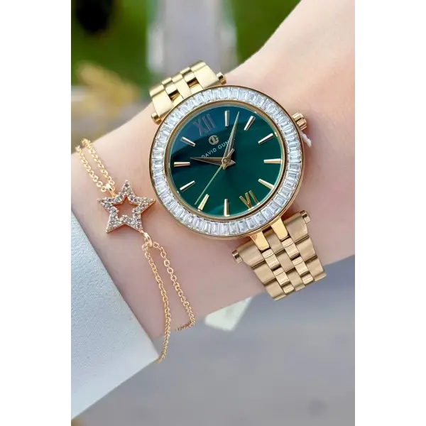 Kadranı Yeşil Kordonu Gold Renk 34 Mm Kadın Kol Saati ve Bileklik