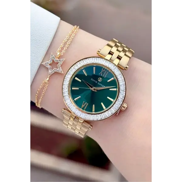 Kadranı Yeşil Kordonu Gold Renk 34 Mm Kadın Kol Saati ve Bileklik