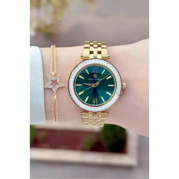 Kadranı Yeşil Kordonu Gold Renk 34 Mm Kadın Kol Saati ve Bileklik