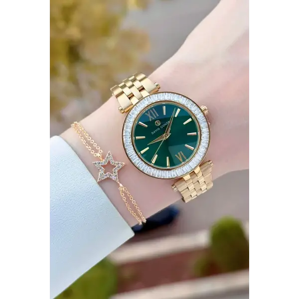 Kadranı Yeşil Kordonu Gold Renk 34 Mm Kadın Kol Saati ve Bileklik