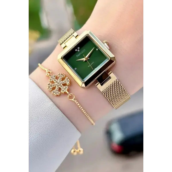 Kadranı Yeşil Kordonu Gold Renk Kadın Kol Saati ve Bileklik