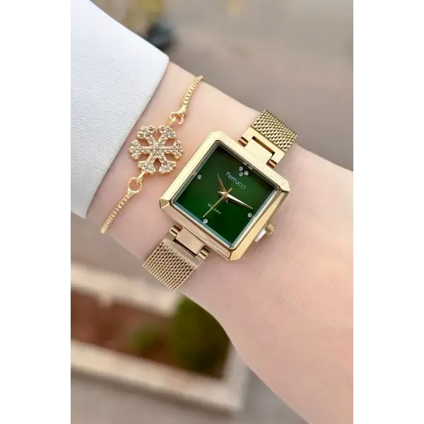 Kadranı Yeşil Kordonu Gold Renk Kadın Kol Saati ve Bileklik