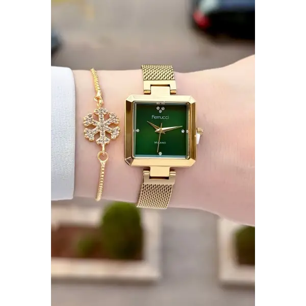 Kadranı Yeşil Kordonu Gold Renk Kadın Kol Saati ve Bileklik