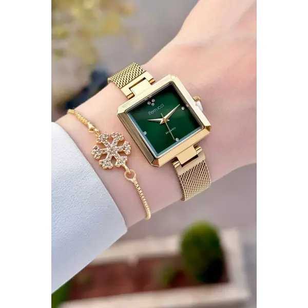 Kadranı Yeşil Kordonu Gold Renk Kadın Kol Saati ve Bileklik