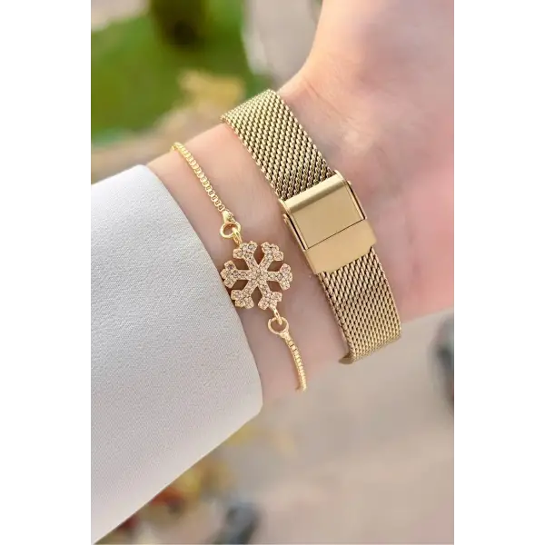 Kadranı Yeşil Kordonu Gold Renk Kadın Kol Saati ve Bileklik