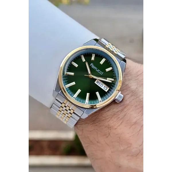 Kadranı Yeşil Kordonu Gold Gümüş Renk 40 Mm Erkek Kol Saati
