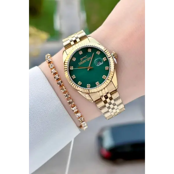 Kadranı Yeşil Kordonu Gold Renk 32 Mm Takvimli Kadın Kol Saati ve Bileklik