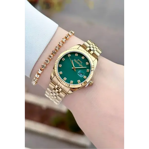 Kadranı Yeşil Kordonu Gold Renk 32 Mm Takvimli Kadın Kol Saati ve Bileklik